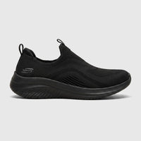 Black Skechers Ultra Flex 3.0 women's comfort slip-on sneaker, made with a knitted upper and sculpted sole.