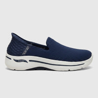 Skechers Ladies Slip Ins Comfort Sneaker Go Walk Arch Fit 124879 in navy blue with a white sole, shown in a side view.