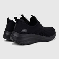 Black Skechers Ultra Flex 3.0 slip-on sneakers for ladies, featuring a comfortable knit upper and chunky sole, viewed from