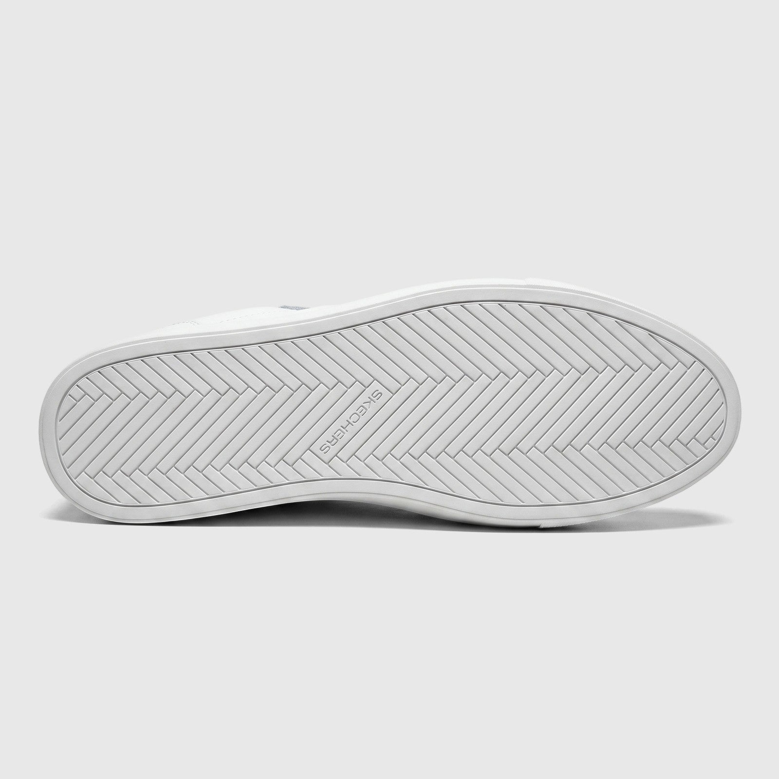 White Skechers Men's Comfort Sneaker Arch Fit Legend, bottom view, featuring the sole with a herringbone pattern and