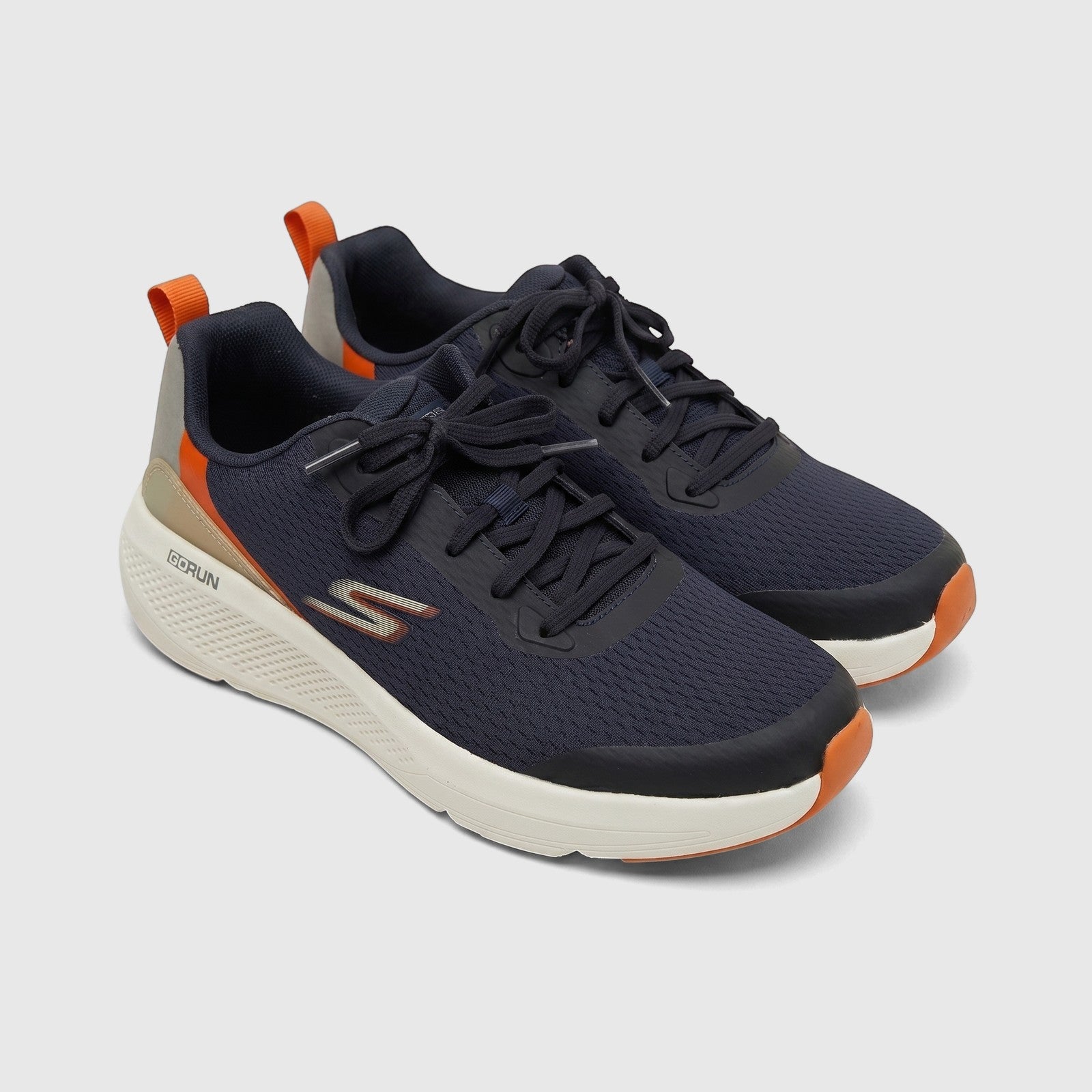 Skechers Men's Comfort Sneaker Go Run Elevate 220189 in navy blue and orange, displayed as a pair on a white background.