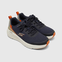 Skechers Men's Comfort Sneaker Go Run Elevate 220189 in navy blue and orange, displayed as a pair on a white background.