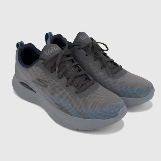 Skechers Men's Comfort Sneaker Go Run Lite in charcoal blue, featuring a mesh upper and a thick gray sole, viewed from the