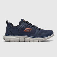 Skechers Men's Comfort Sneaker Track 232001 in navy blue and orange, displayed from a side view.