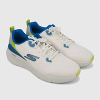 Pair of Skechers Men's Go Run Elevate 220189 comfort sneakers in white with blue and neon green accents.