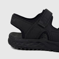 Close-up side view of a black Skechers Men's Adventure Sandal Escape Plain Trail with 'SKECHERS' logo and 'ALL-TERRAIN'