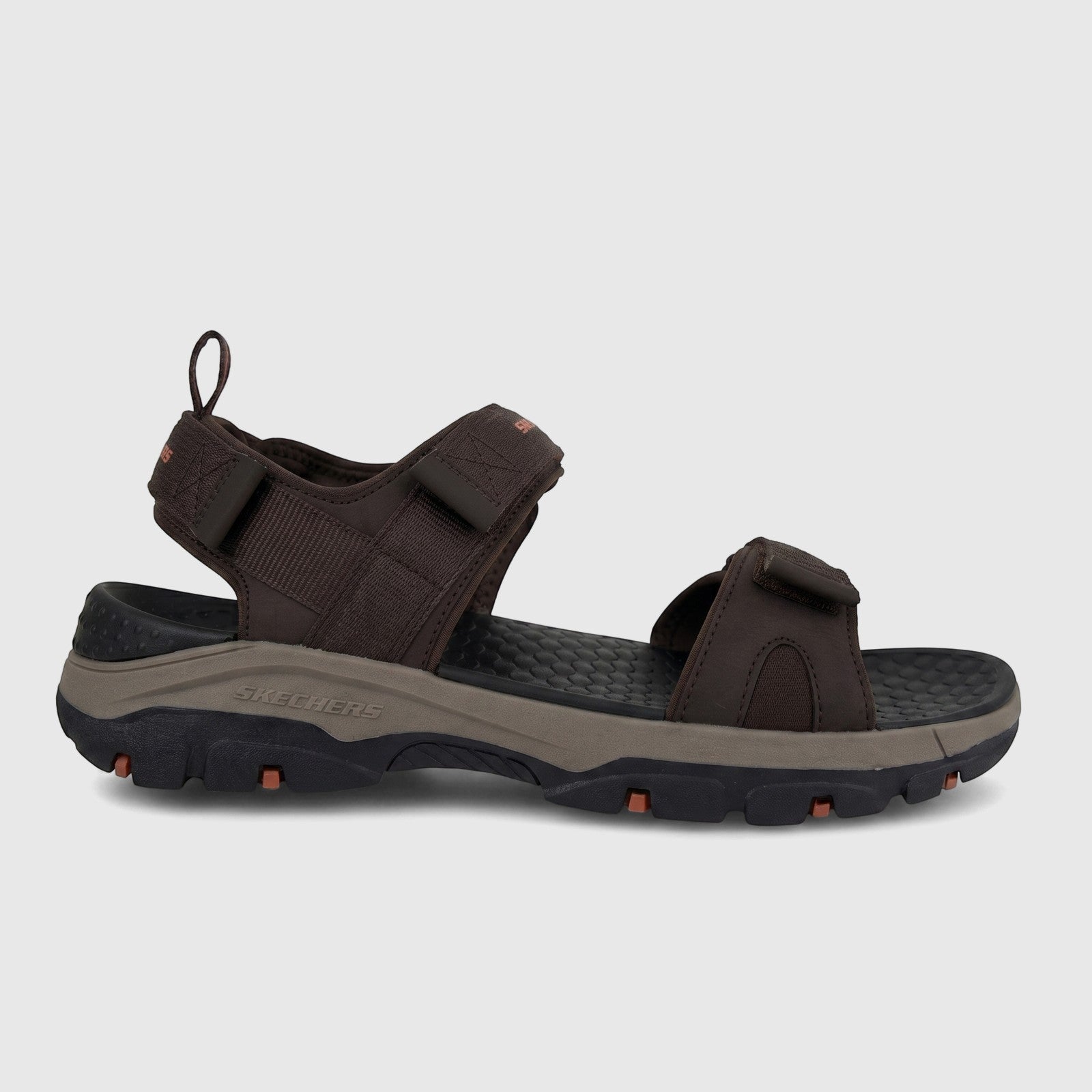 Skechers Men's Adventure Sandal Tresmen 205112 in chocolate brown, black, and taupe, shown from the side on a white