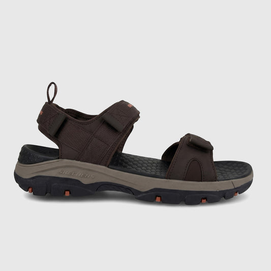 Skechers Men's Adventure Sandal Tresmen 205112 in chocolate brown, black, and taupe, shown from the side on a white