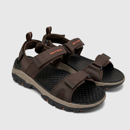 Skechers Men's Adventure Sandal Tresmen 205112 in chocolate brown, black, and taupe, shown from the side on a white