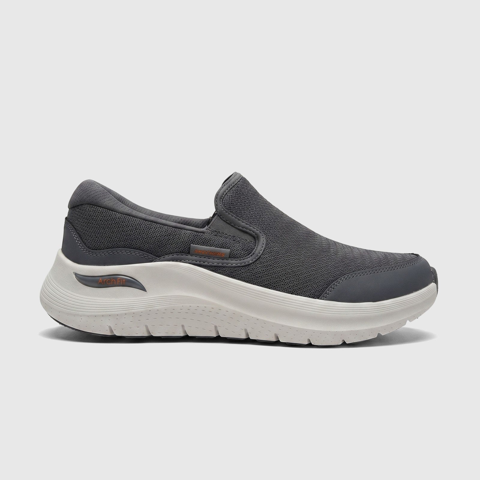 Charcoal gray Skechers Men's Arch Fit 2.0 slip-on sneaker, side view, featuring a mesh upper and white comfort sole.