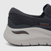 Close-up side view of a men's dark grey Skechers Arch Fit 2.0 slip-on sneaker with mesh upper and white sole.