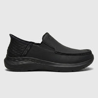 Skechers Men's Comfort Casual Slip-Ins Parson black loafer shoe, side view, ready for everyday wear.