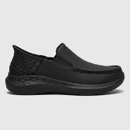 Skechers Men's Comfort Casual Slip-Ins Parson black loafer shoe, side view, ready for everyday wear.