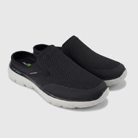 A pair of black Skechers Men's Comfort Open Back Slip On Summits Vindicator shoes with mesh upper and light grey soles.