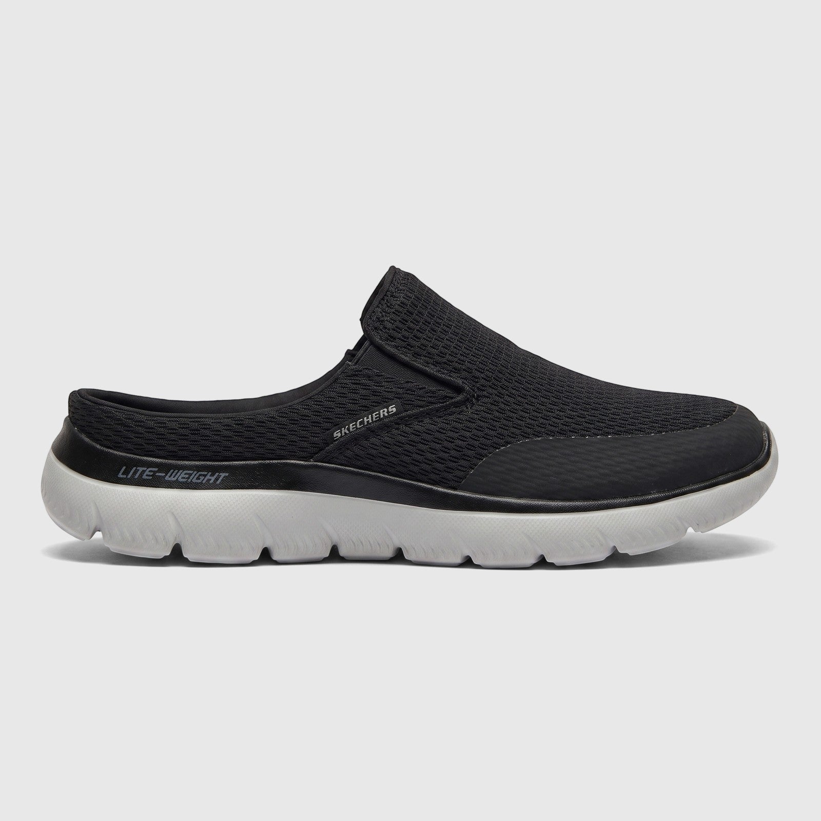 Skechers Men's Comfort Open Back Summits Vindicator slip-on shoe in black with a light grey sole, side view.