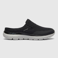 Skechers Men's Comfort Open Back Summits Vindicator slip-on shoe in black with a light grey sole, side view.