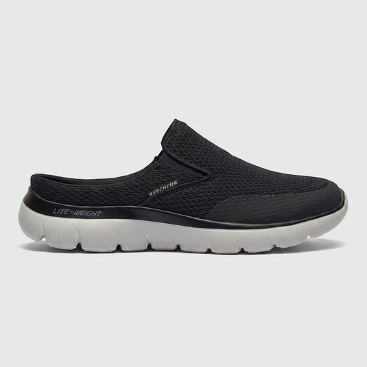 Skechers Men's Comfort Open Back Summits Vindicator slip-on shoe in black with a light grey sole, side view.