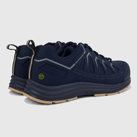 Rear-side view of Skechers Men's Comfort/Safety Sneaker Workmalad II Composite Toe 200127EC in navy and tan.