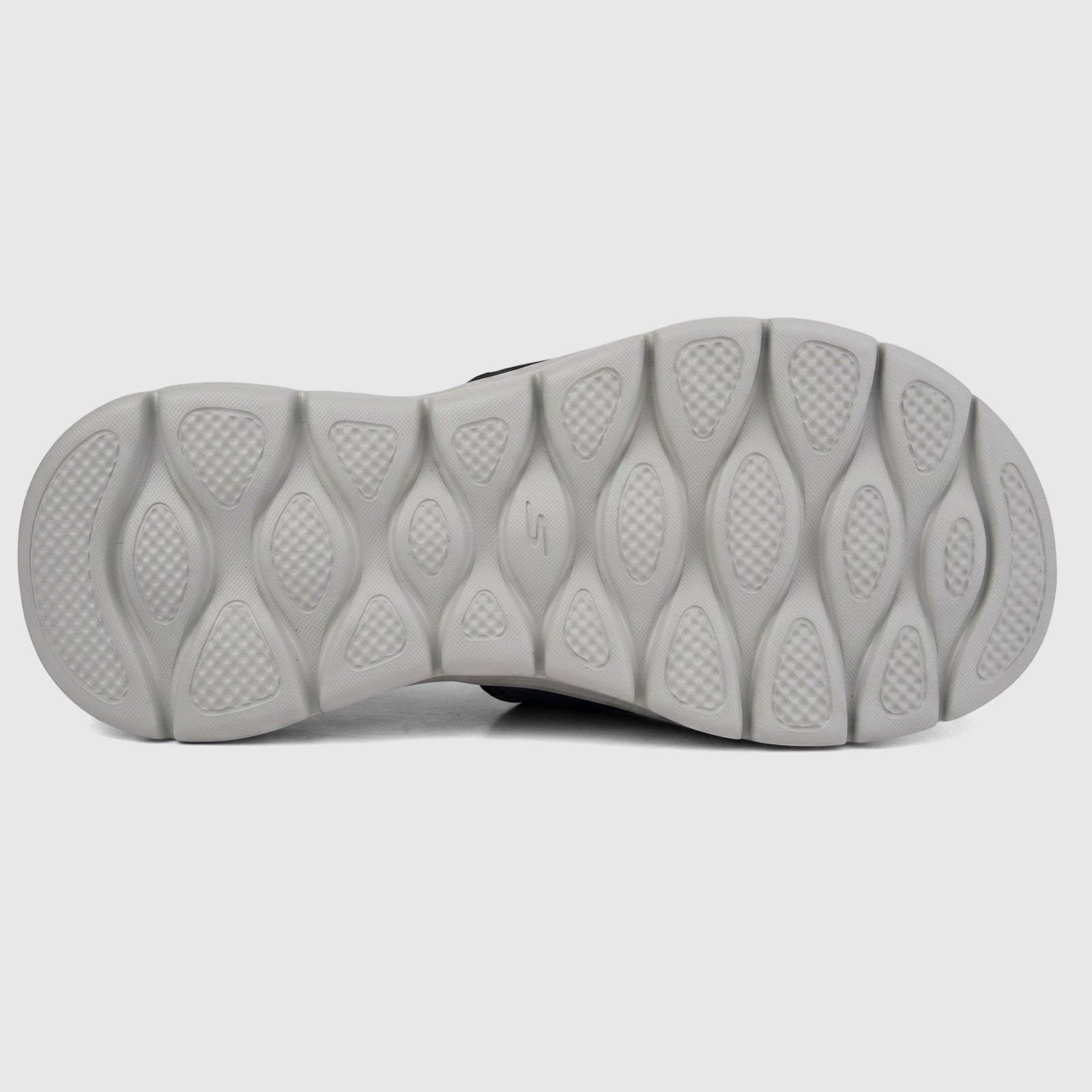 Bottom view of a Skechers Men's Comfort Slide Go Walk Flex Sandal 229204 in black, showcasing its light gray patterned