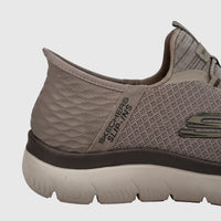 Close-up of a Skechers Men's Comfort Slip Ins Sneaker Summits 232457 in taupe mesh, side view.