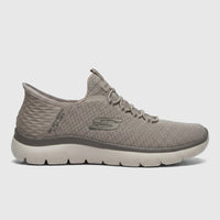 Skechers Men's Comfort Slip-Ins Summits sneaker in taupe, featuring a mesh upper and bungee laces, side view.