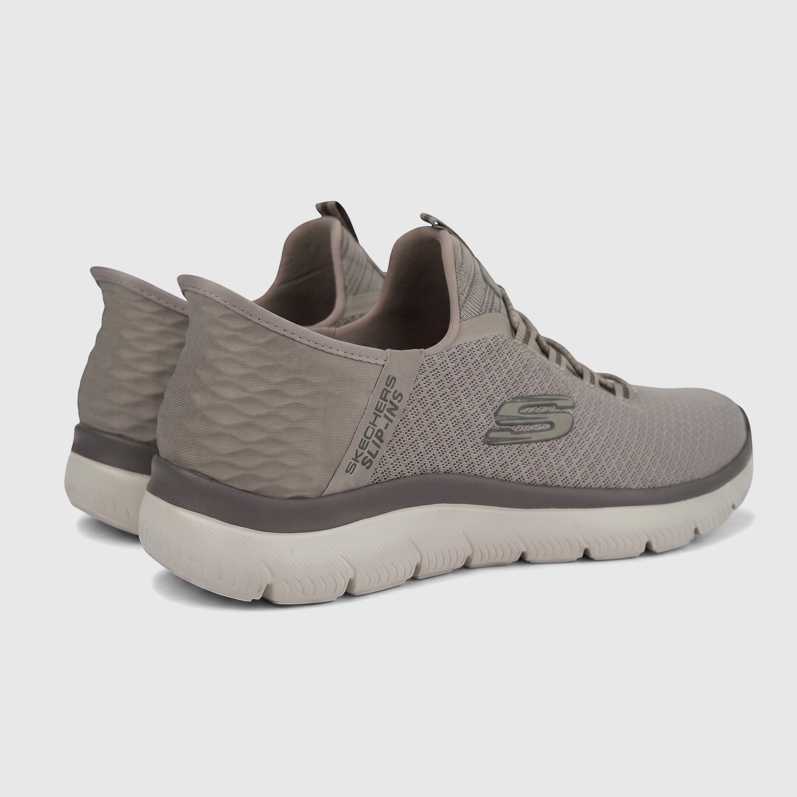 Taupe Skechers Men's Comfort Slip-ins Summits 232457 sneakers, with a knitted upper and textured heel, shown from a