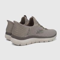 Taupe Skechers Men's Comfort Slip-ins Summits 232457 sneakers, with a knitted upper and textured heel, shown from a