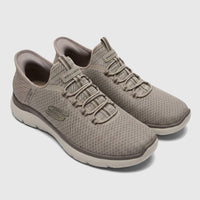 A pair of taupe Skechers Men's Comfort Slip Ins Summits 232457 sneakers with a mesh upper, featuring bungee laces and a