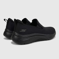 Pair of black Skechers Men's Comfort Slip On Arch Fit 2.0 sneakers shown from a rear three-quarter view on a white