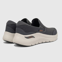Charcoal grey Skechers Men's Comfort Slip On Sneaker Arch Fit 2.0, with mesh upper and light sole, seen from a rear-side