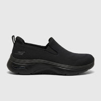 Black Skechers Men's Comfort Slip On Sneaker Go Walk Arch Fit 2.0 with mesh upper, shown in side profile.