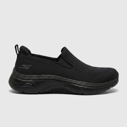 Black Skechers Men's Comfort Slip On Sneaker Go Walk Arch Fit 2.0 with mesh upper, shown in side profile.
