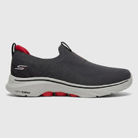Skechers Men's Comfort Slip On Sneaker Go Walk 7 in charcoal black with red accents, side view.