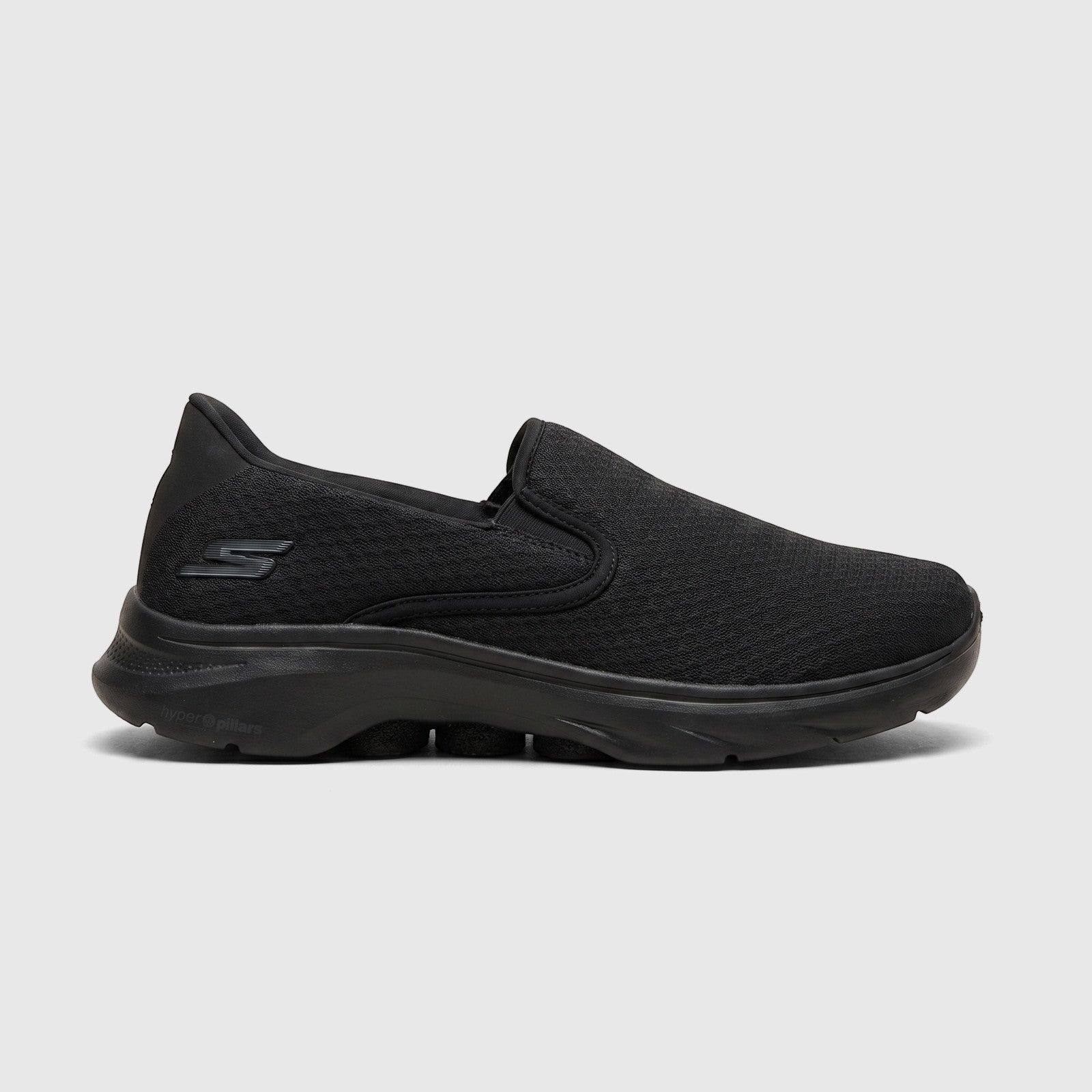 Black Skechers Men's Comfort Slip On Sneaker Go Walk 7 with mesh upper and side logo, presented in a side profile view.