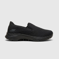 Black Skechers Men's Comfort Slip On Sneaker Go Walk 7 with mesh upper and side logo, presented in a side profile view.
