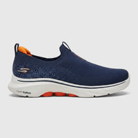Skechers Men's Comfort Slip On Sneaker Go Walk 7 216633 in navy and orange, shown in a side view.