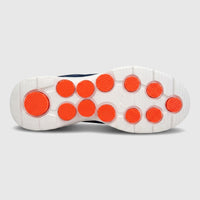 Bottom view of a Skechers Men's Comfort Slip On Sneaker Go Walk 7, featuring a white sole with orange textured pods.