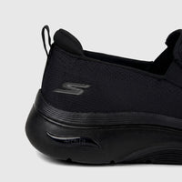 Close-up of the black Skechers Men's Comfort Slip On Sneaker Go Walk Arch Fit 2.0, showing the heel and Arch Fit branding.