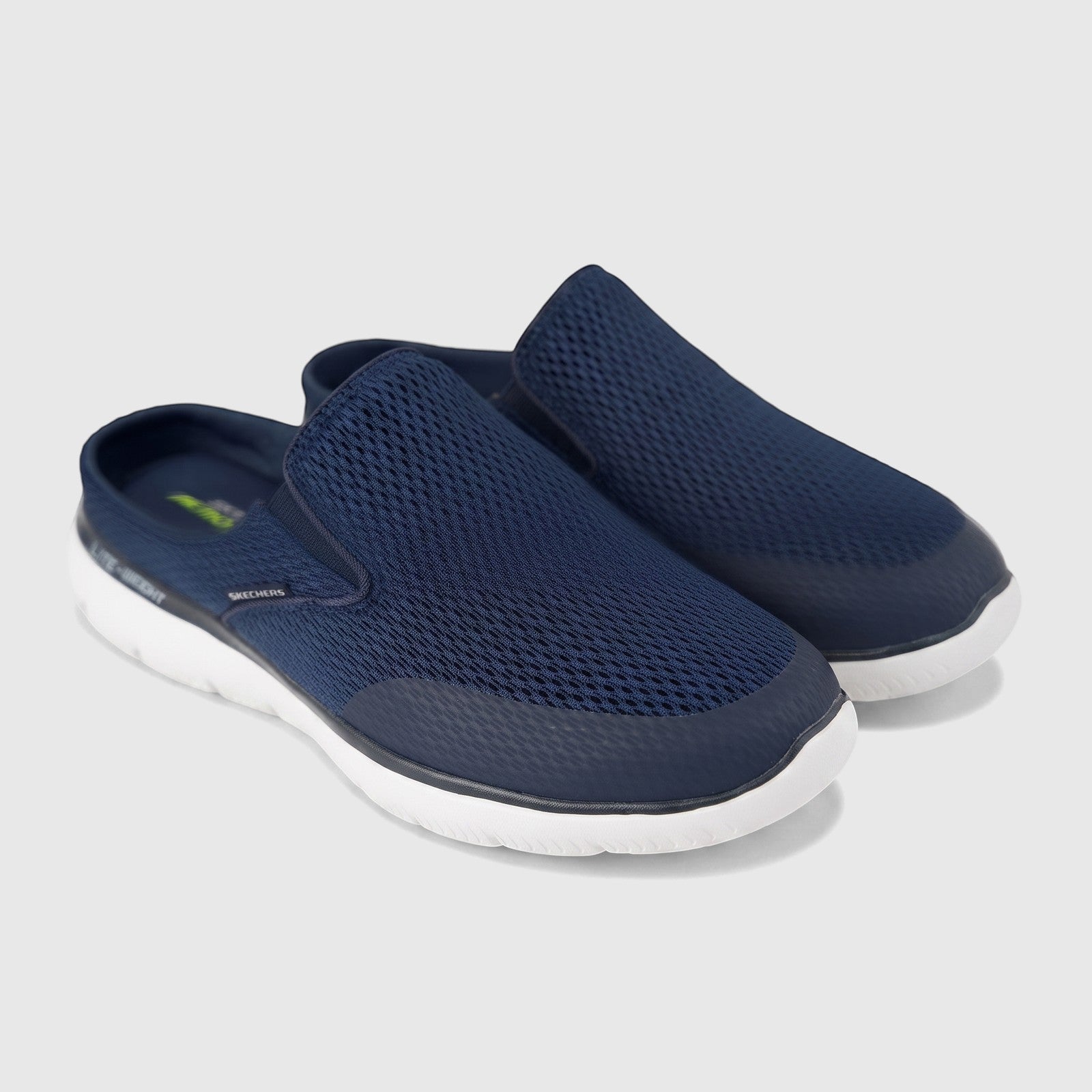Skechers Men's Comfort Open Back Comfort Slip On Summits Vindicator shoes in navy blue mesh, shown from a slightly elevated