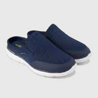Skechers Men's Comfort Open Back Comfort Slip On Summits Vindicator shoes in navy blue mesh, shown from a slightly elevated