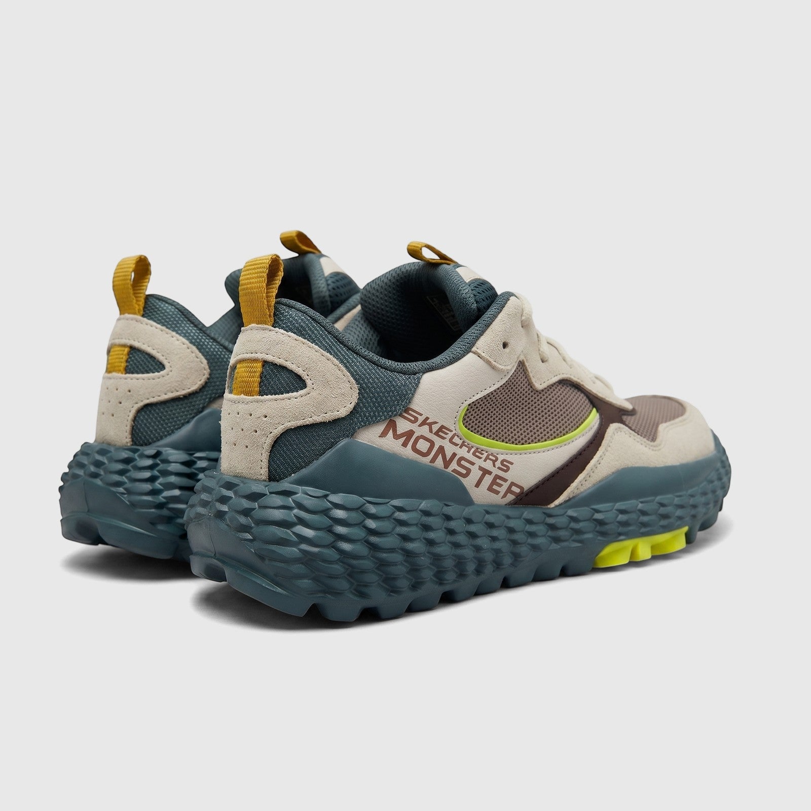 Skechers Men's Comfort Sneaker Sports 232191 in taupe, olive, and neon yellow, showcasing the rear and inner profile.