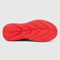 Bottom view of a Skechers Men's Comfort Sneaker Bounder 2.0 with a bright coral red textured sole.