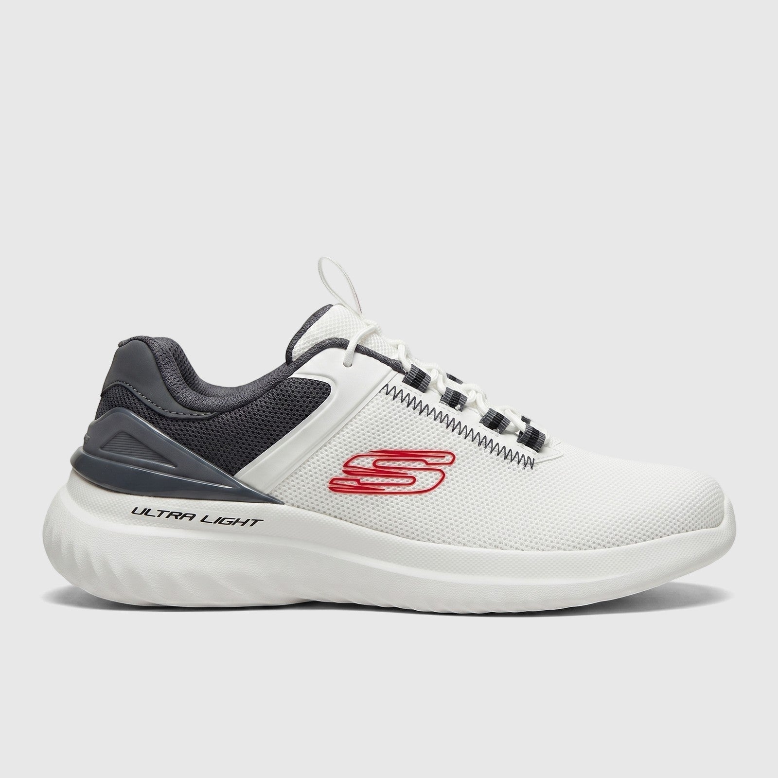 Skechers Men's Comfort Sneaker Bounder 2.0 in white and charcoal grey, side view, with a red 'S' logo and 'ULTRA LIGHT' sole.