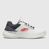 Skechers Men's Comfort Sneaker Bounder 2.0 in white and charcoal grey, side view, with a red 'S' logo and 'ULTRA LIGHT' sole.
