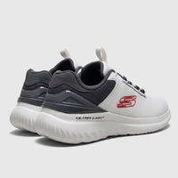 Skechers Men's Comfort Sneaker Bounder 2.0 232673 in white and charcoal, viewed from the side and rear.