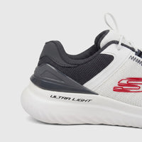 Close-up of a men's Skechers Bounder 2.0 comfort sneaker in white and charcoal with red logo accents.