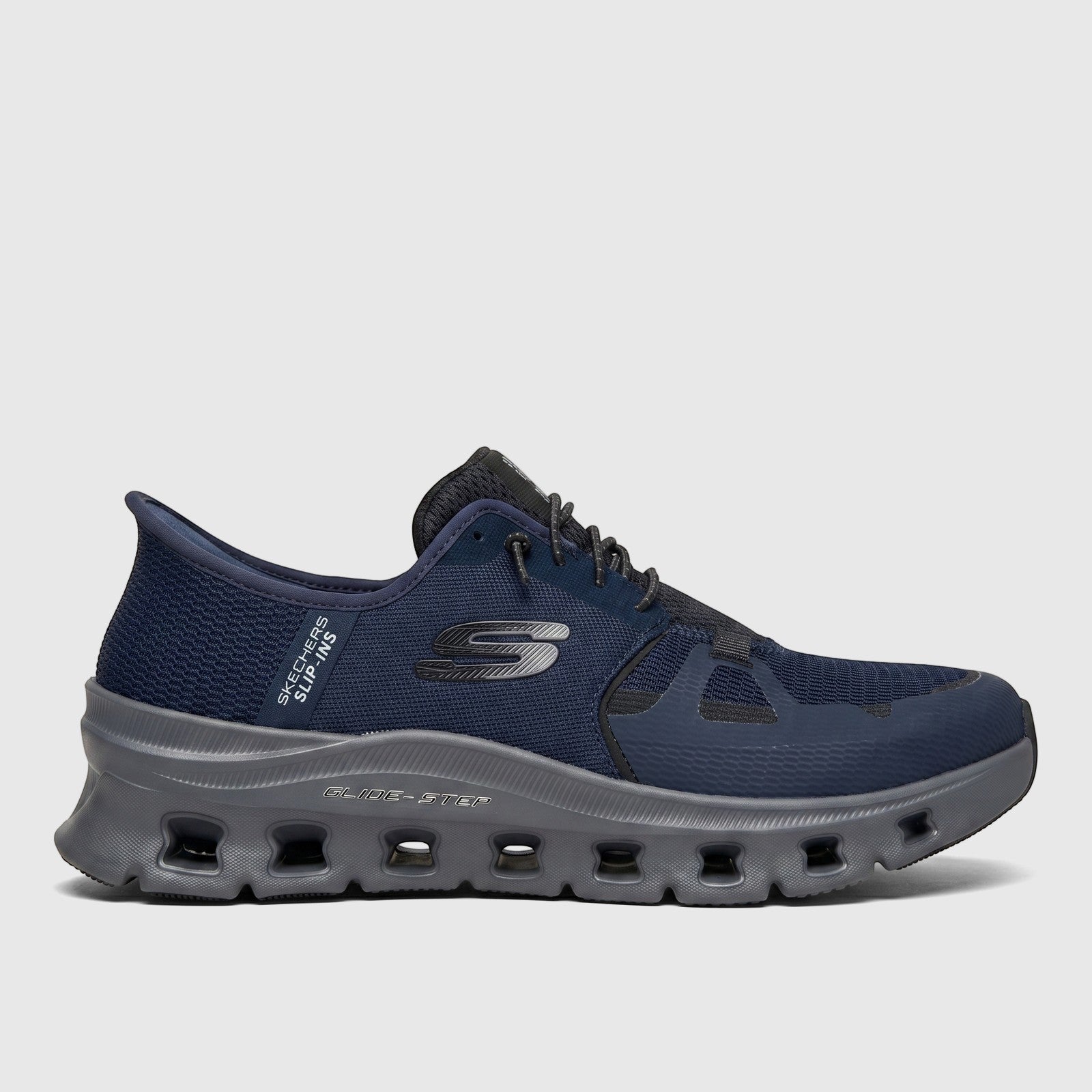 Skechers Men's Comfort Sneaker Glide-Step Pro 232930 in navy and charcoal, showcasing a side view of the athletic shoe.