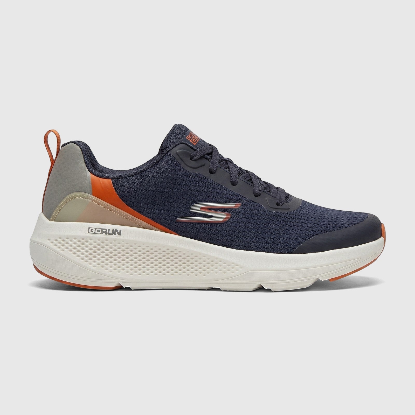 Skechers Men's Comfort Sneaker Go Run Elevate 220189 in navy blue and orange, shown from a side profile view.
