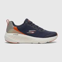 Skechers Men's Comfort Sneaker Go Run Elevate 220189 in navy blue and orange, shown from a side profile view.