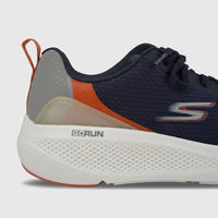 Close-up side view of a Skechers Men's Comfort Sneaker Go Run Elevate 220189 in navy blue and orange with a white sole.